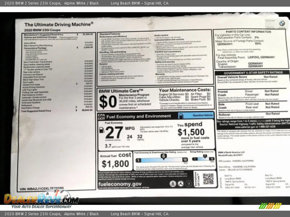 2020 BMW 2 Series 230i Coupe Alpine White / Black Photo #10