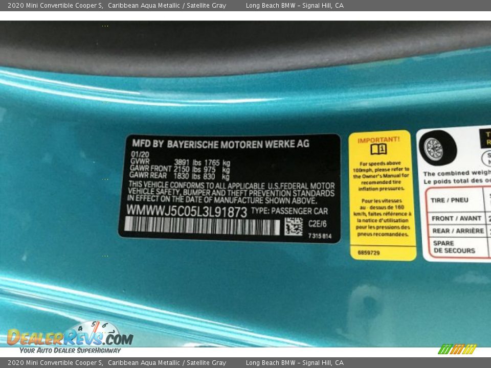 2020 Mini Convertible Cooper S Caribbean Aqua Metallic / Satellite Gray Photo #18