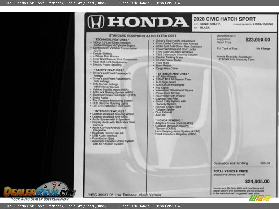 2020 Honda Civic Sport Hatchback Sonic Gray Pearl / Black Photo #36