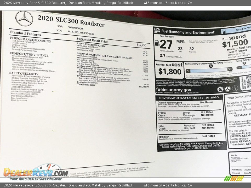 2020 Mercedes-Benz SLC 300 Roadster Obsidian Black Metallic / Bengal Red/Black Photo #10