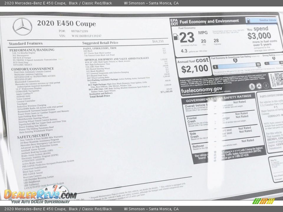 2020 Mercedes-Benz E 450 Coupe Window Sticker Photo #10