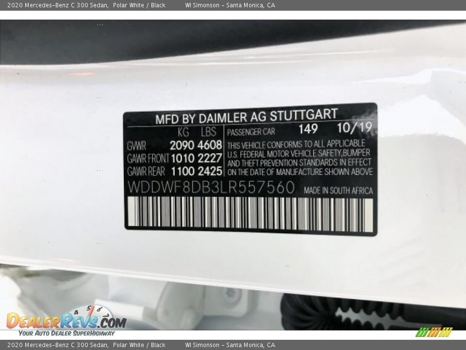2020 Mercedes-Benz C 300 Sedan Polar White / Black Photo #11
