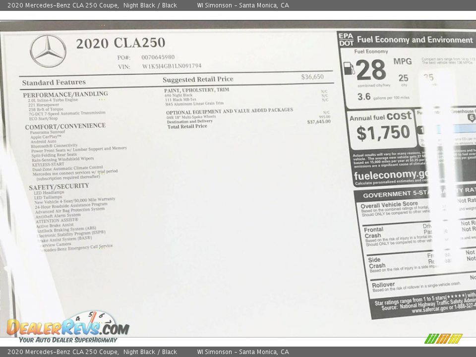 2020 Mercedes-Benz CLA 250 Coupe Night Black / Black Photo #10
