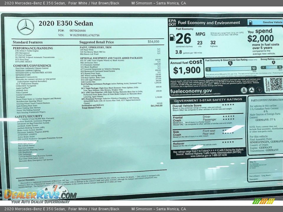 2020 Mercedes-Benz E 350 Sedan Polar White / Nut Brown/Black Photo #10