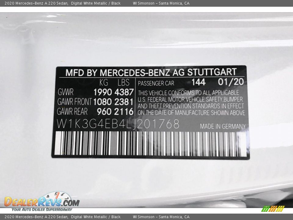 2020 Mercedes-Benz A 220 Sedan Digital White Metallic / Black Photo #11