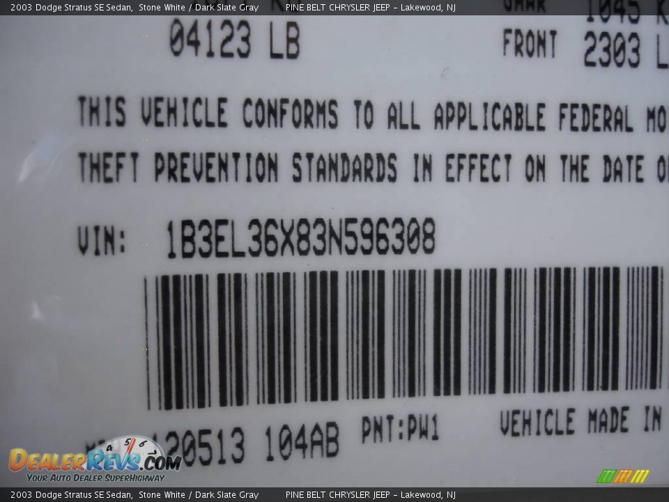 2003 Dodge Stratus SE Sedan Stone White / Dark Slate Gray Photo #15