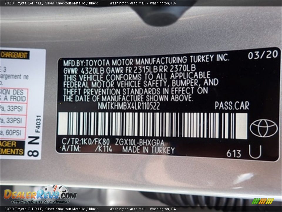 2020 Toyota C-HR LE Silver Knockout Metallic / Black Photo #11