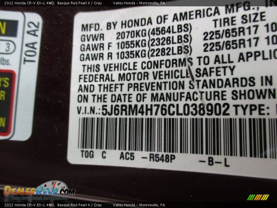 2012 Honda CR-V EX-L 4WD Basque Red Pearl II / Gray Photo #19