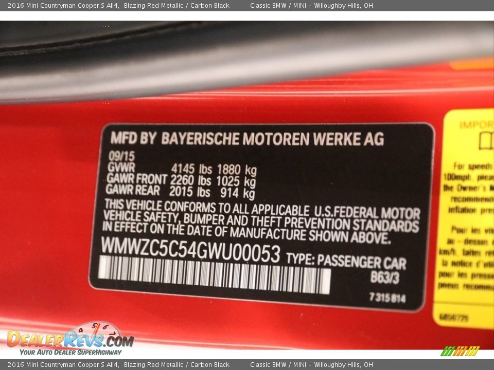 2016 Mini Countryman Cooper S All4 Blazing Red Metallic / Carbon Black Photo #19