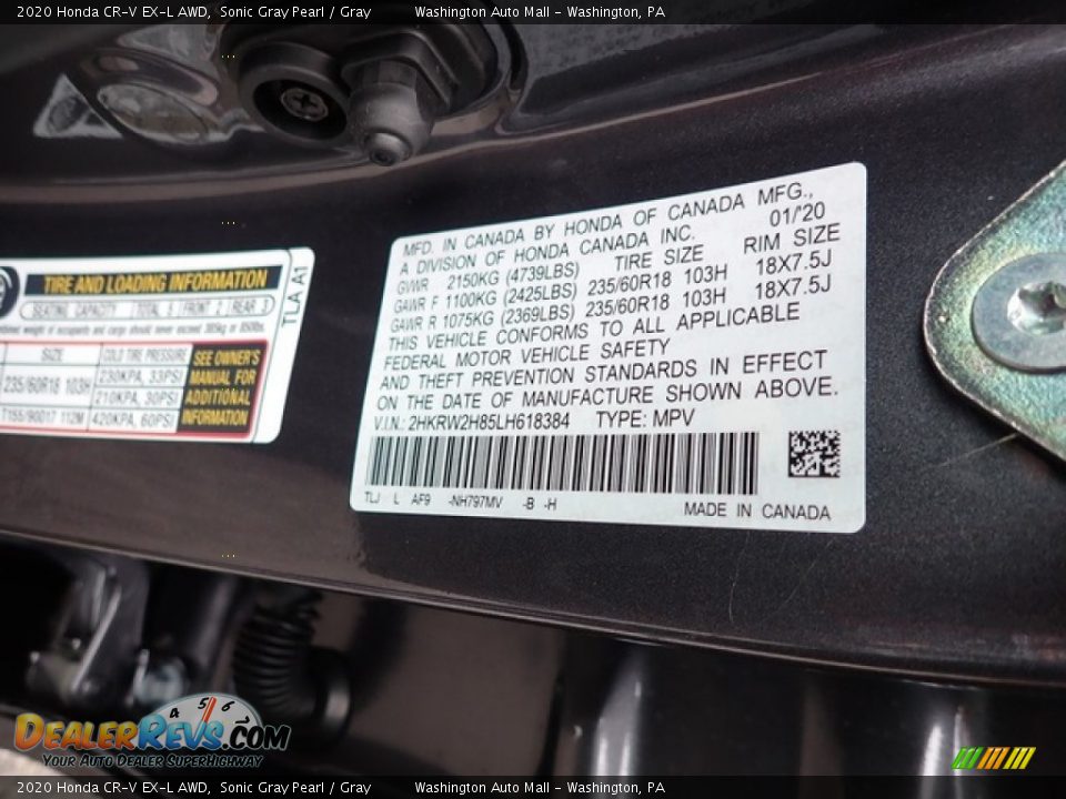 2020 Honda CR-V EX-L AWD Sonic Gray Pearl / Gray Photo #12