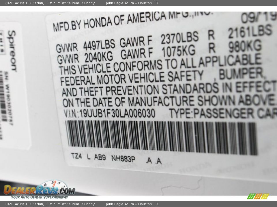 2020 Acura TLX Sedan Platinum White Pearl / Ebony Photo #13