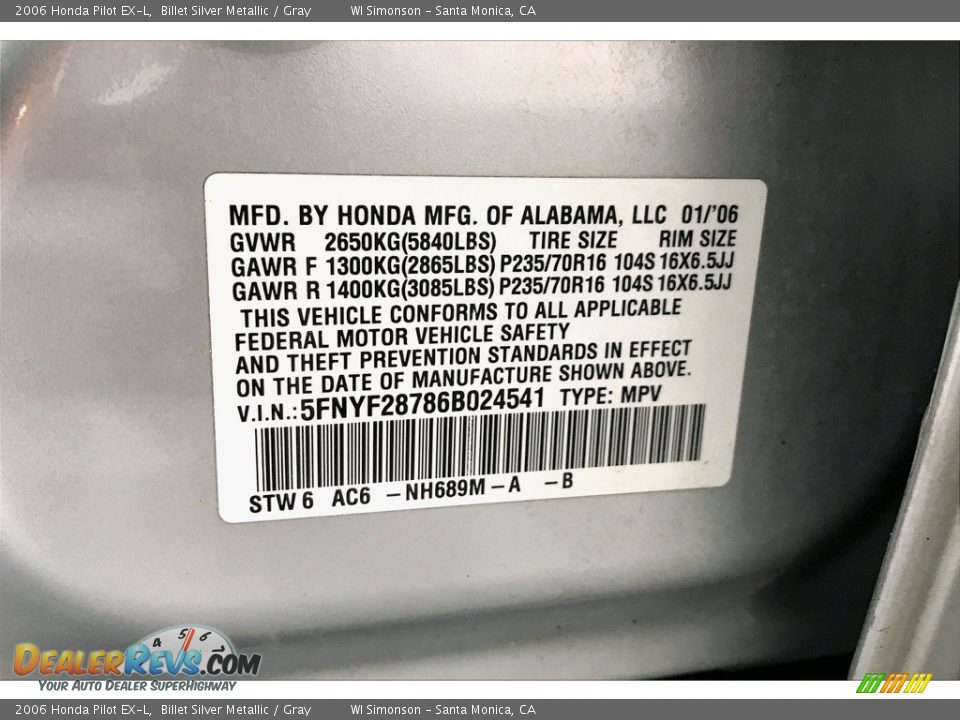 2006 Honda Pilot EX-L Billet Silver Metallic / Gray Photo #24