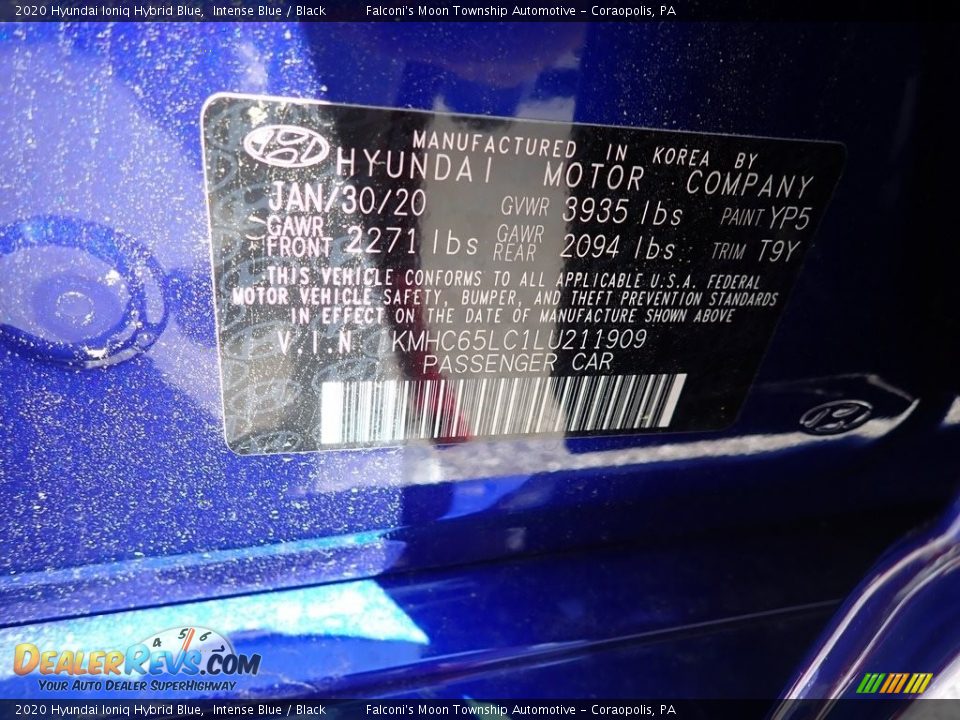 2020 Hyundai Ioniq Hybrid Blue Intense Blue / Black Photo #13