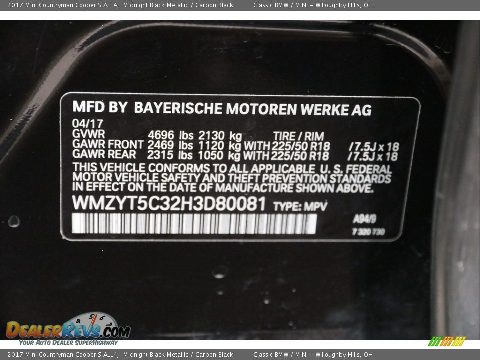 2017 Mini Countryman Cooper S ALL4 Midnight Black Metallic / Carbon Black Photo #19