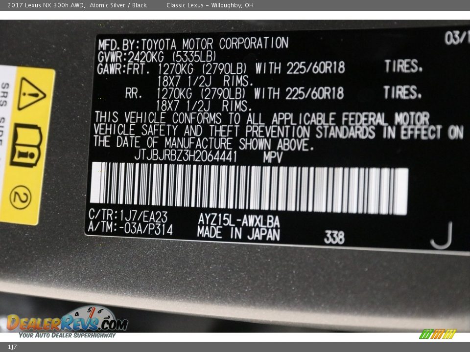 Lexus Color Code 1J7 Atomic Silver