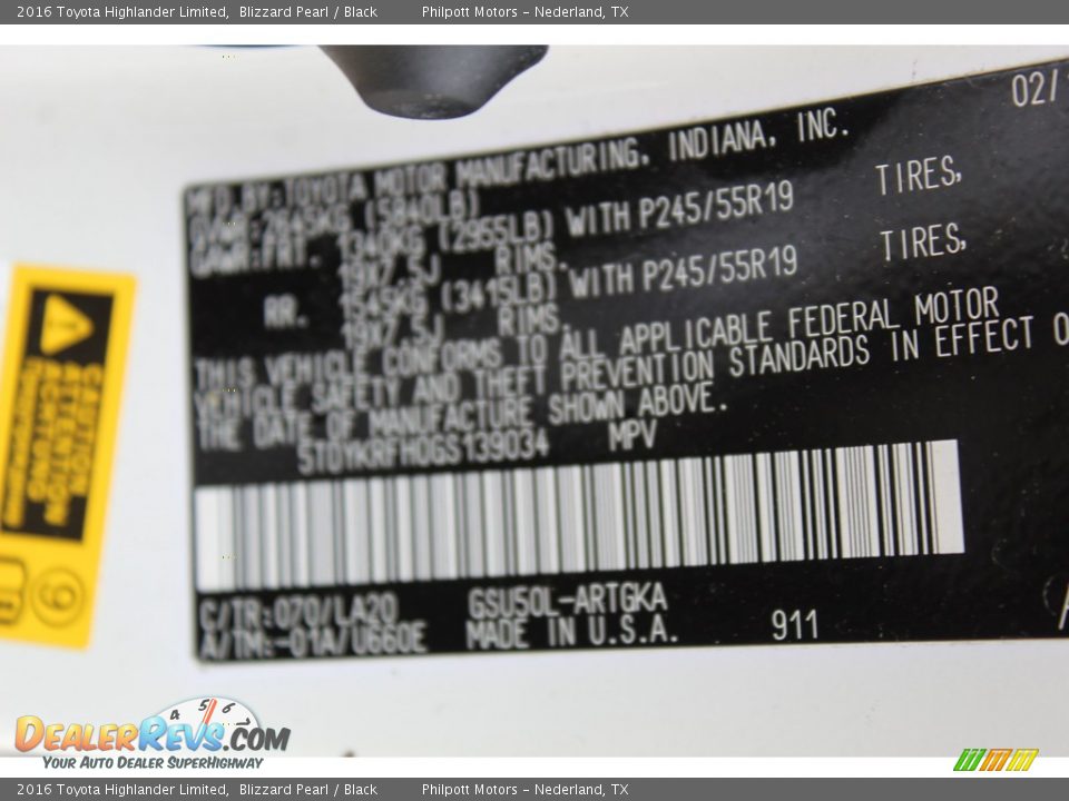 2016 Toyota Highlander Limited Blizzard Pearl / Black Photo #29