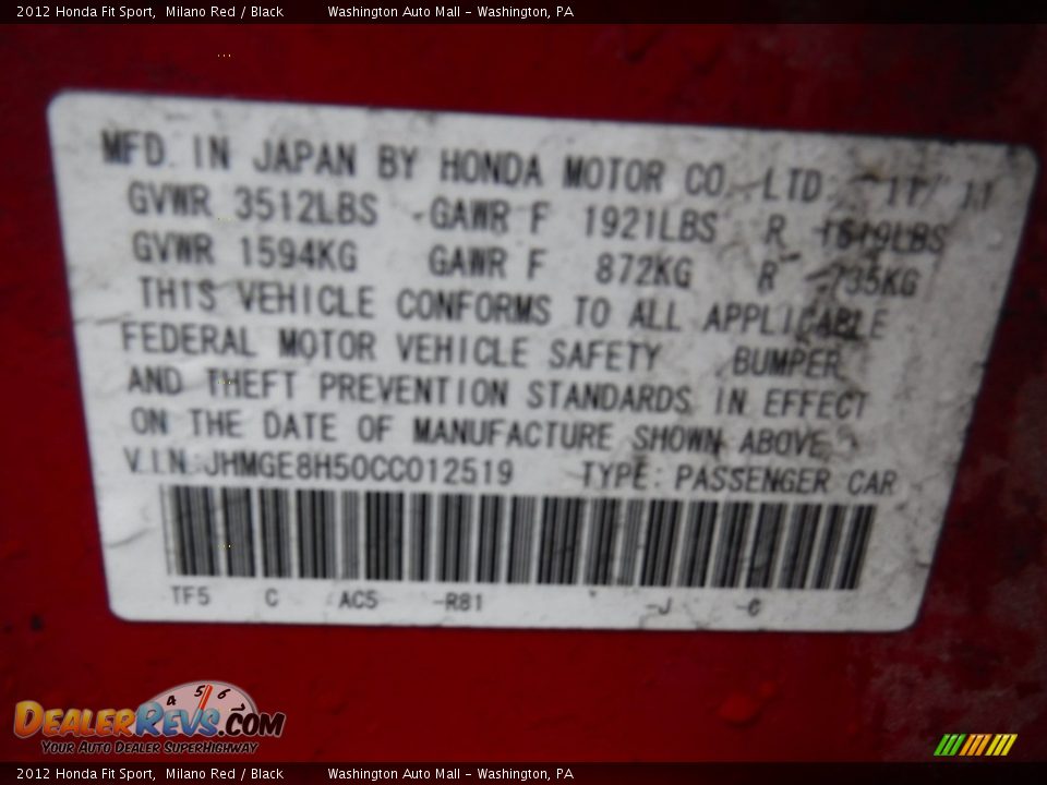 2012 Honda Fit Sport Milano Red / Black Photo #22