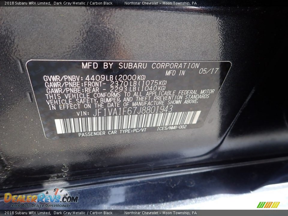 2018 Subaru WRX Limited Dark Gray Metallic / Carbon Black Photo #28