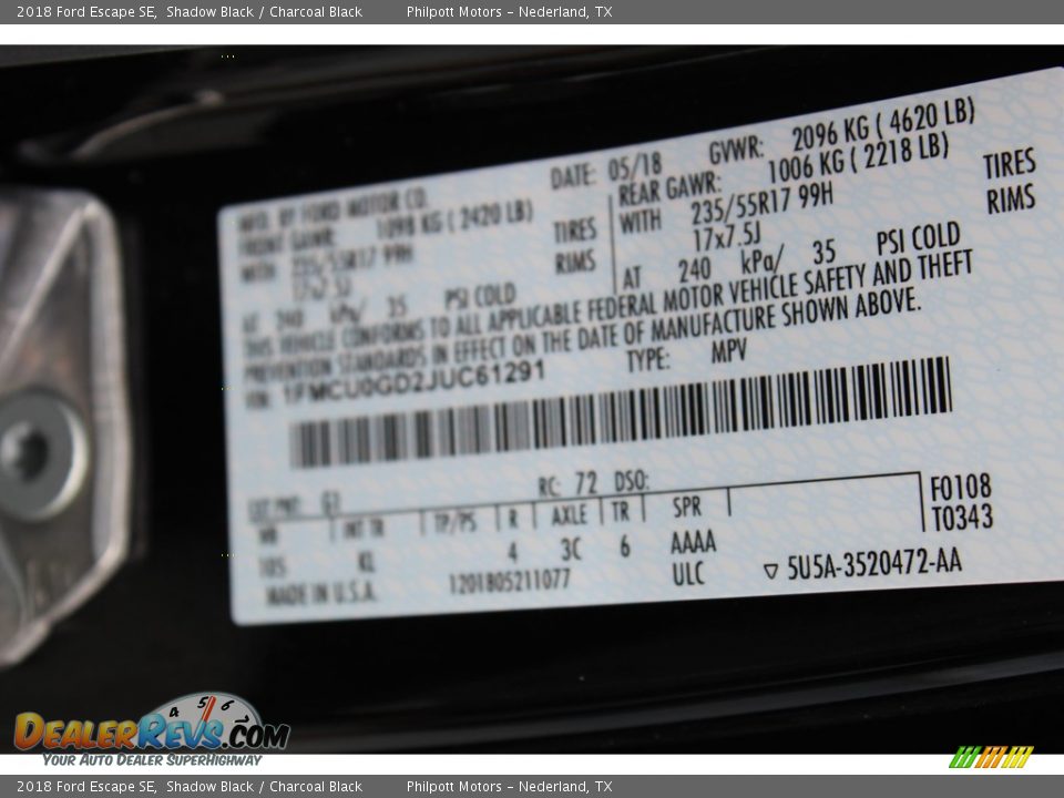2018 Ford Escape SE Shadow Black / Charcoal Black Photo #29