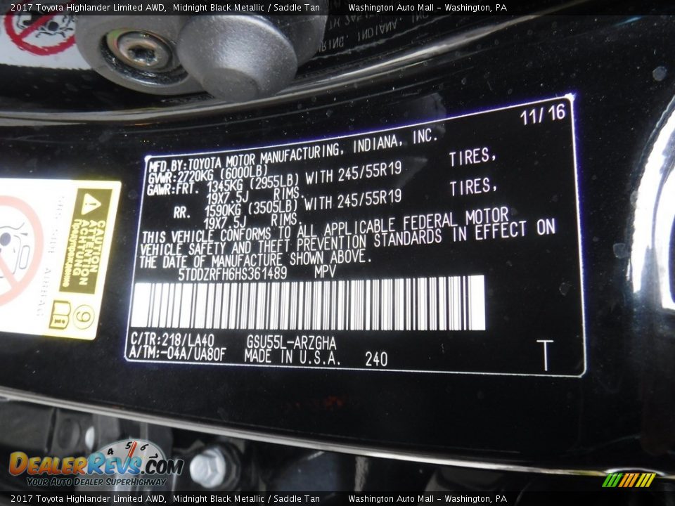 2017 Toyota Highlander Limited AWD Midnight Black Metallic / Saddle Tan Photo #32