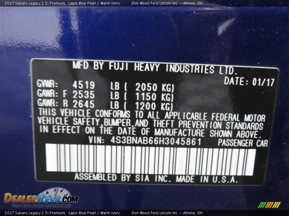 2017 Subaru Legacy 2.5i Premium Lapis Blue Pearl / Warm Ivory Photo #32
