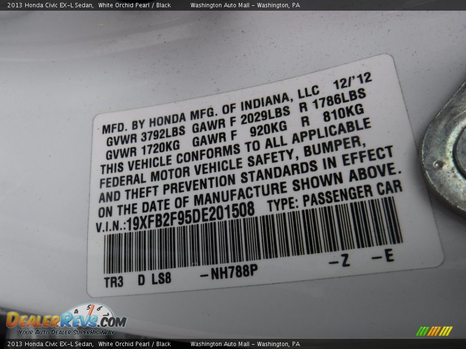 2013 Honda Civic EX-L Sedan White Orchid Pearl / Black Photo #27