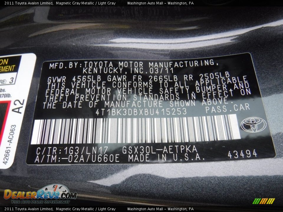2011 Toyota Avalon Limited Magnetic Gray Metallic / Light Gray Photo #29