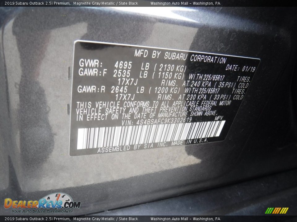 2019 Subaru Outback 2.5i Premium Magnetite Gray Metallic / Slate Black Photo #24