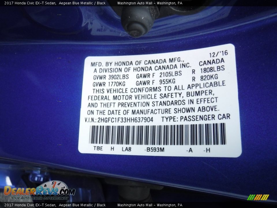 2017 Honda Civic EX-T Sedan Aegean Blue Metallic / Black Photo #27