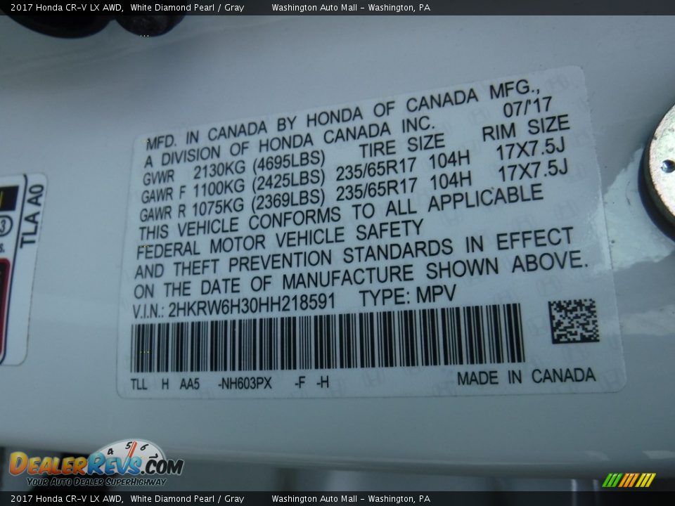 2017 Honda CR-V LX AWD White Diamond Pearl / Gray Photo #24