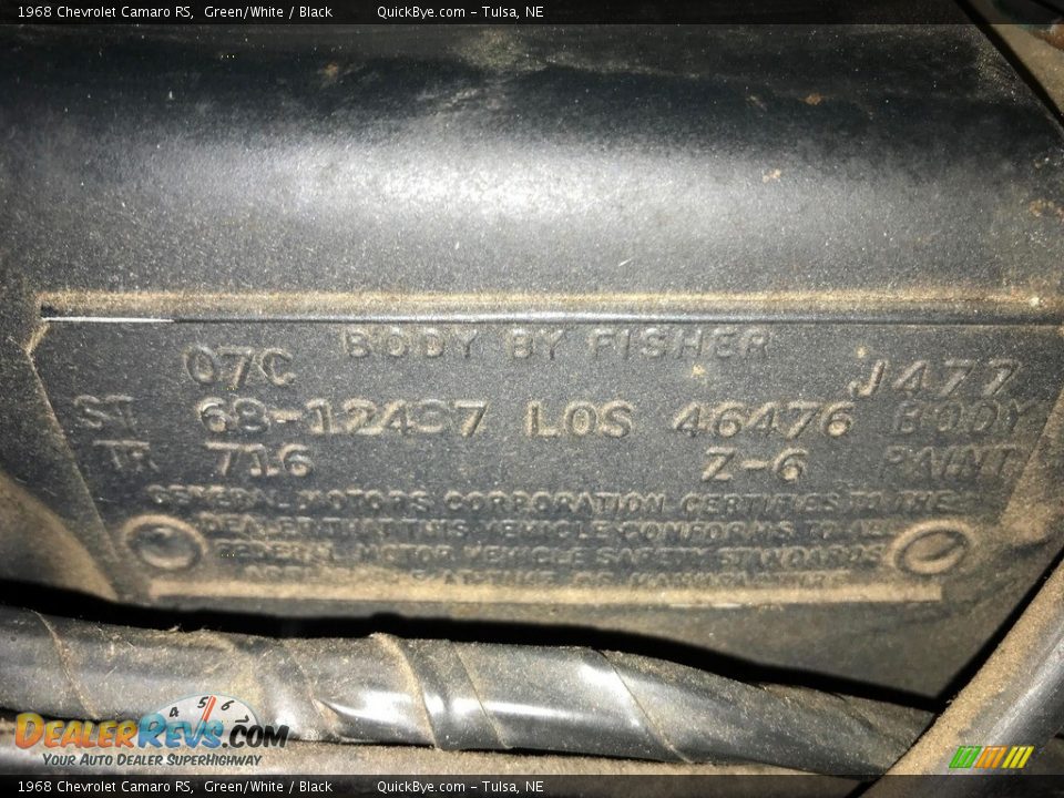 1968 Chevrolet Camaro RS Green/White / Black Photo #23