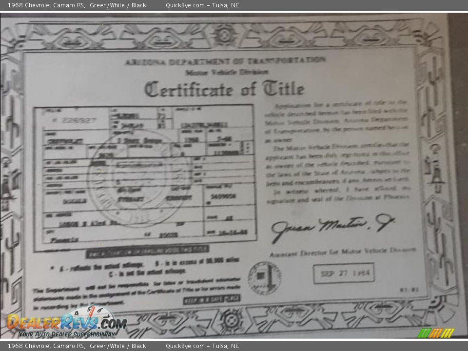 1968 Chevrolet Camaro RS Green/White / Black Photo #24