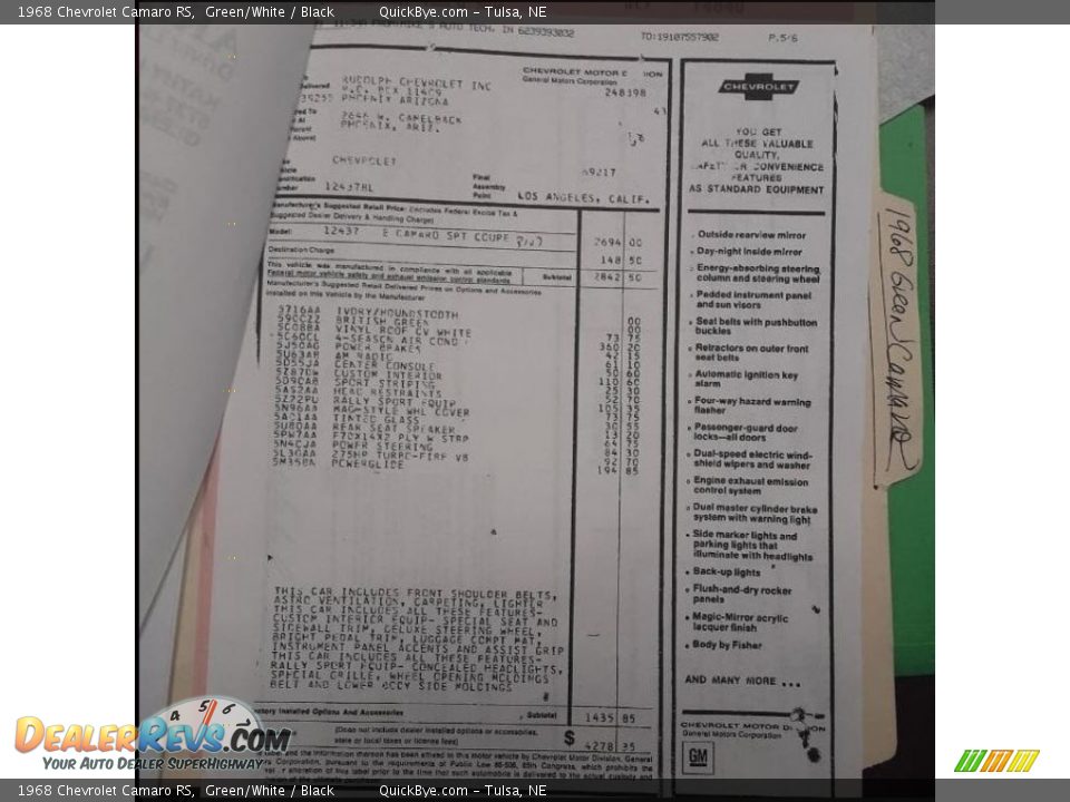 1968 Chevrolet Camaro RS Green/White / Black Photo #25