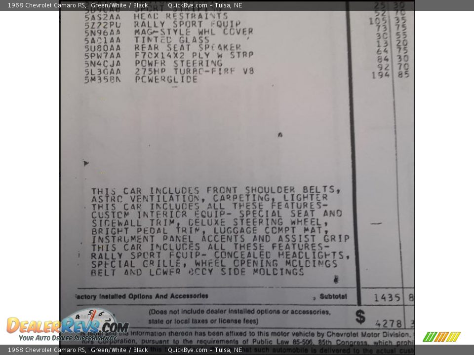 1968 Chevrolet Camaro RS Green/White / Black Photo #27