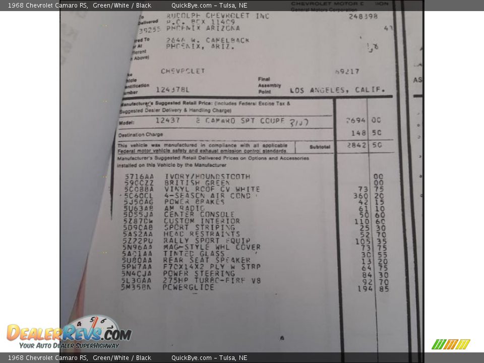 1968 Chevrolet Camaro RS Green/White / Black Photo #28