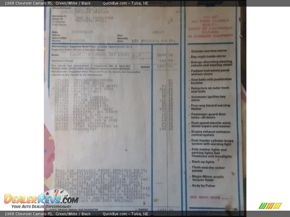 1968 Chevrolet Camaro RS Green/White / Black Photo #29