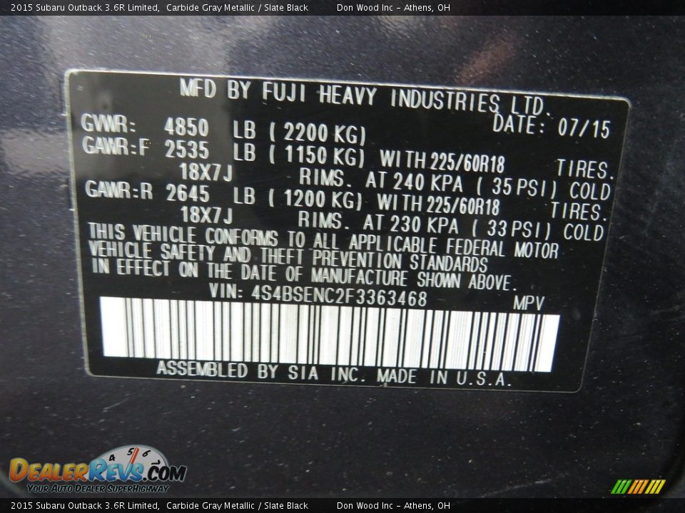 2015 Subaru Outback 3.6R Limited Carbide Gray Metallic / Slate Black Photo #33