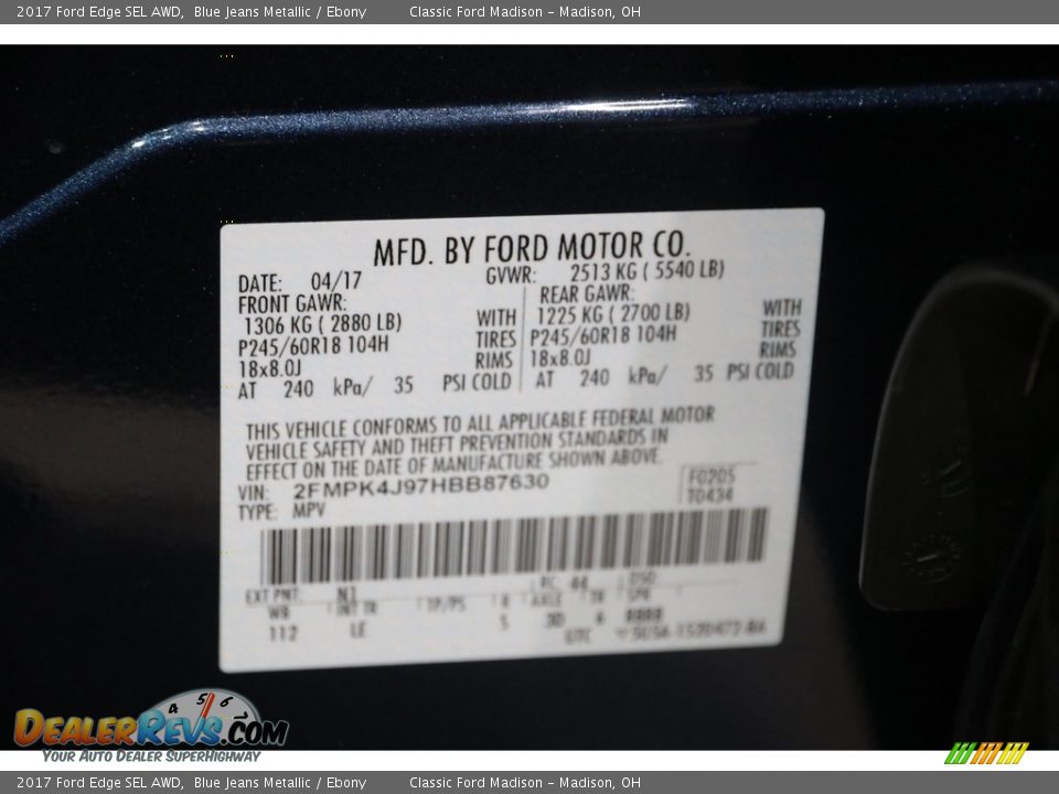 2017 Ford Edge SEL AWD Blue Jeans Metallic / Ebony Photo #18