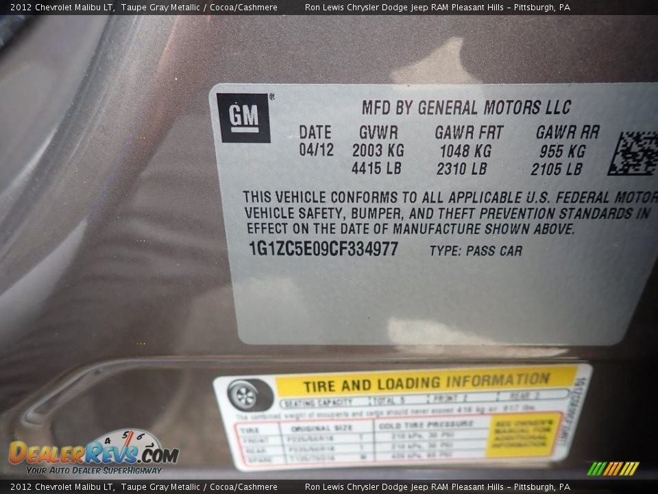 2012 Chevrolet Malibu LT Taupe Gray Metallic / Cocoa/Cashmere Photo #15