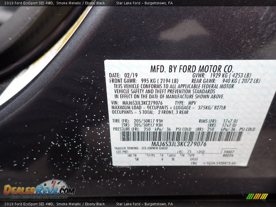 2019 Ford EcoSport SES 4WD Smoke Metallic / Ebony Black Photo #14
