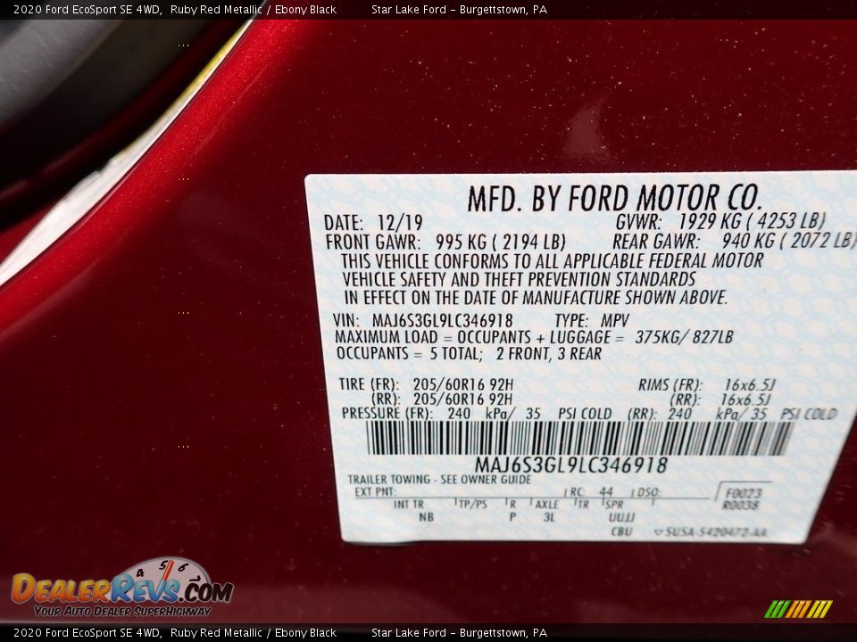 2020 Ford EcoSport SE 4WD Ruby Red Metallic / Ebony Black Photo #15
