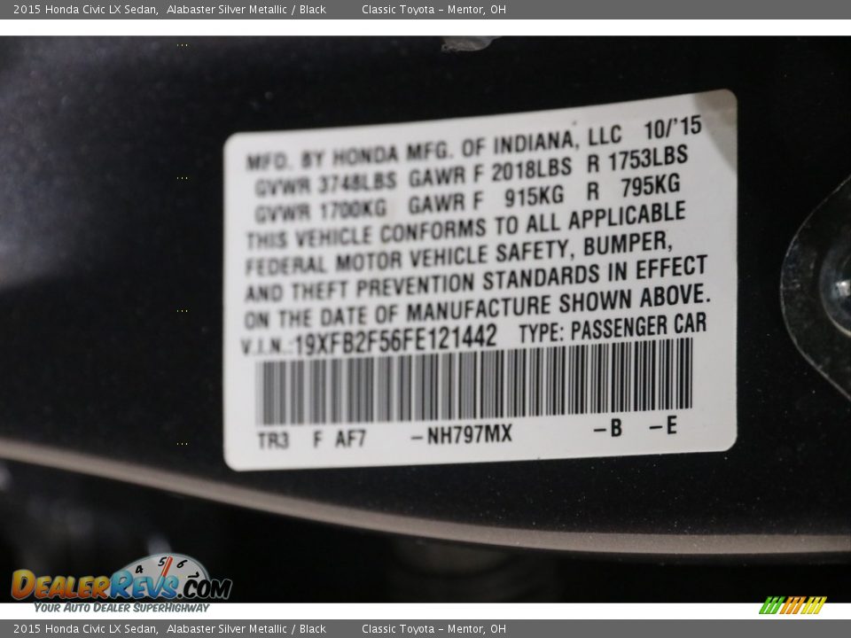 2015 Honda Civic LX Sedan Alabaster Silver Metallic / Black Photo #19