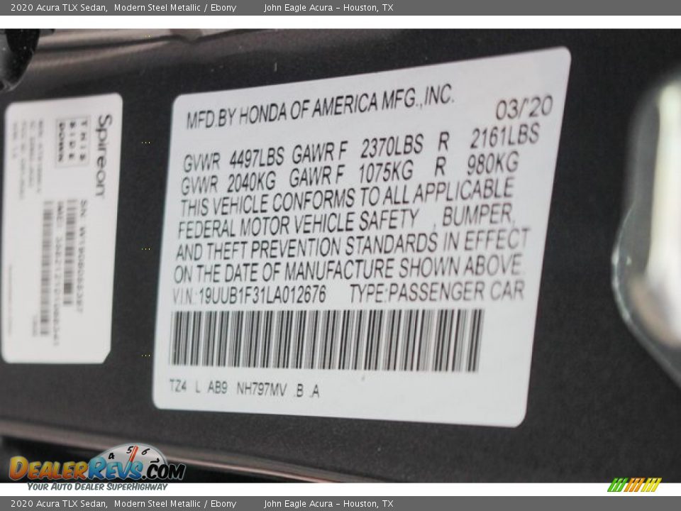 2020 Acura TLX Sedan Modern Steel Metallic / Ebony Photo #11