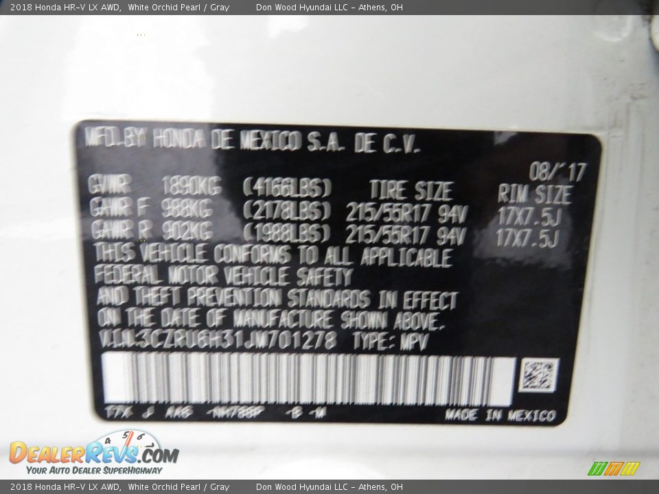 2018 Honda HR-V LX AWD White Orchid Pearl / Gray Photo #33