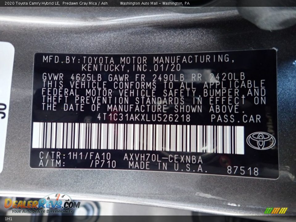 Toyota Color Code 1H1 Predawn Gray Mica