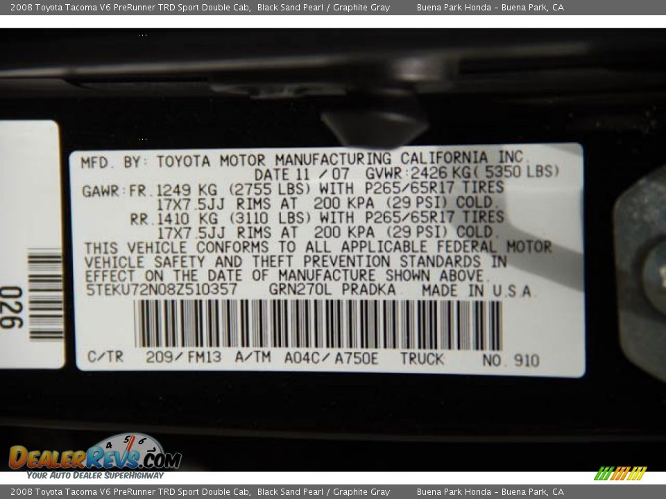 2008 Toyota Tacoma V6 PreRunner TRD Sport Double Cab Black Sand Pearl / Graphite Gray Photo #33