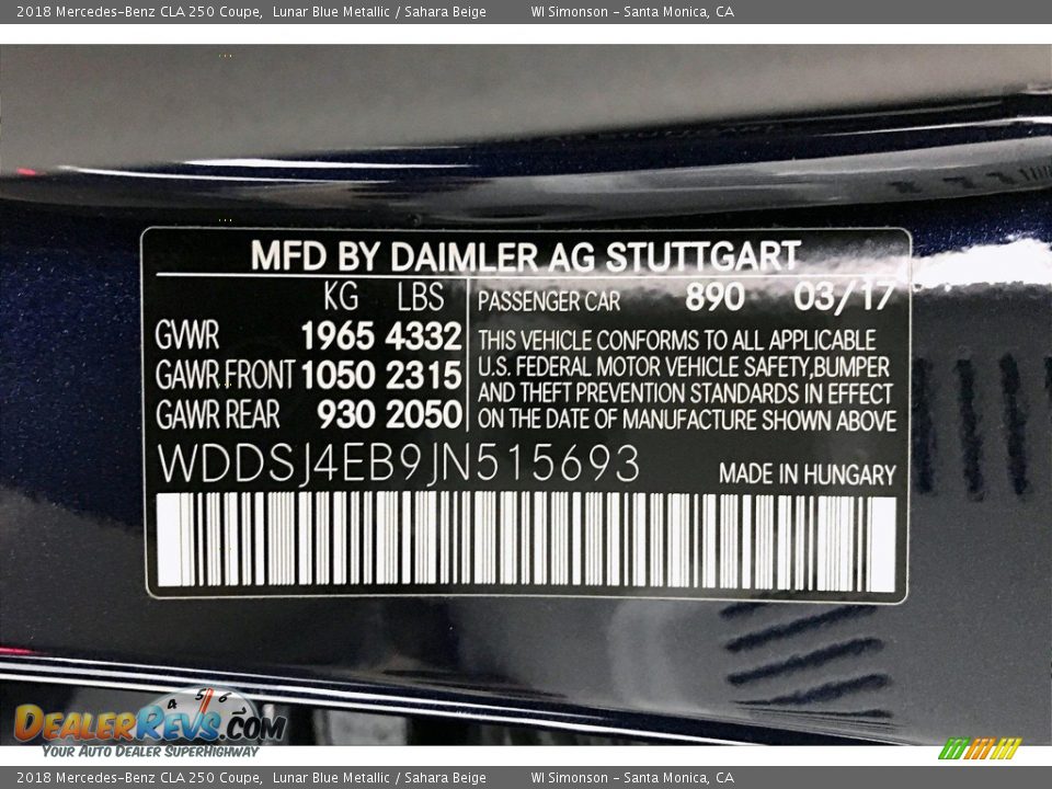 2018 Mercedes-Benz CLA 250 Coupe Lunar Blue Metallic / Sahara Beige Photo #24