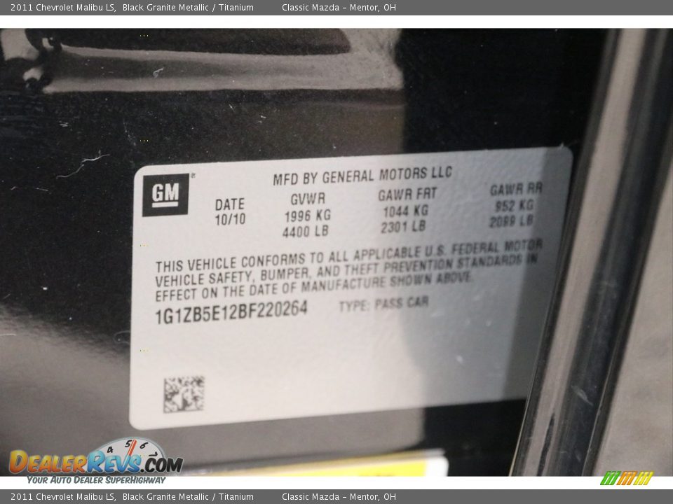 2011 Chevrolet Malibu LS Black Granite Metallic / Titanium Photo #17