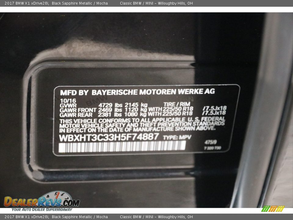 2017 BMW X1 xDrive28i Black Sapphire Metallic / Mocha Photo #20