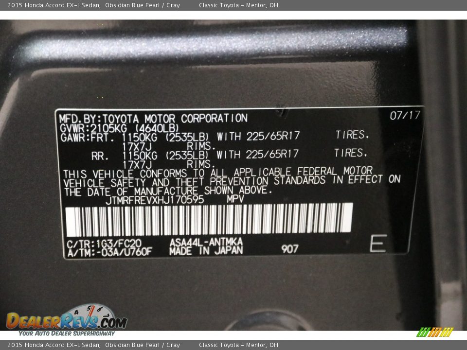 2015 Honda Accord EX-L Sedan Obsidian Blue Pearl / Gray Photo #19